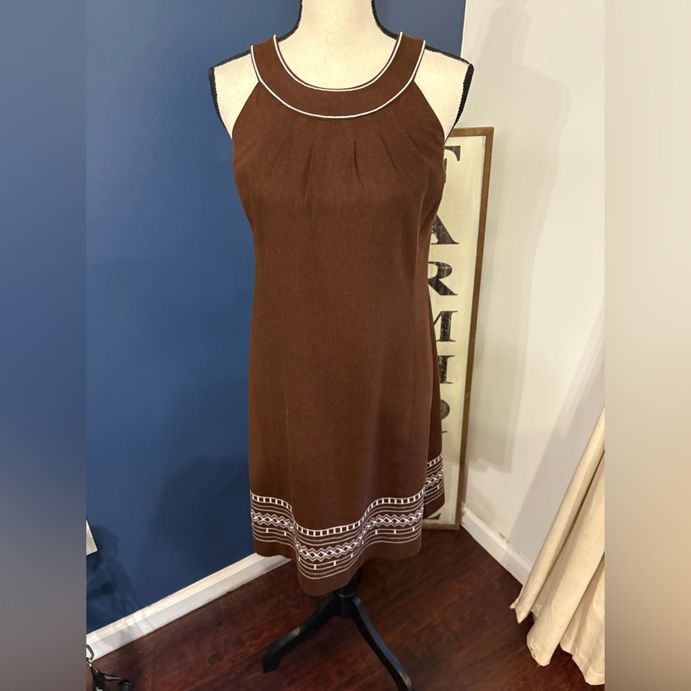 New Directions Brown  Sleeveless Halter Sheath Dress with embroidery Size 10